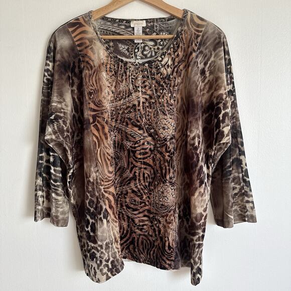 CHICO’S Burnout Velvet Brown Embellished Tunic Blouse Top Stretch Fall Size 2 L - Picture 1 of 9